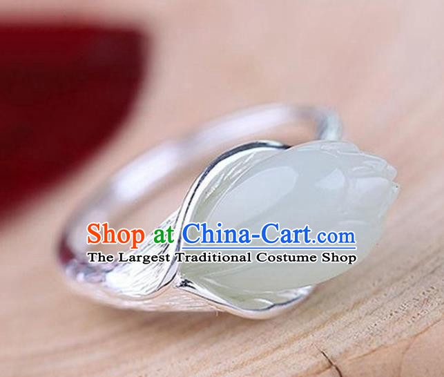 Chinese Handmade Jade Mangnolia Ring Jewelry Accessories Classical National Silver Circlet