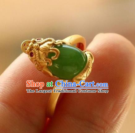 Chinese Classical National Golden Pi Xiu Circlet Handmade Chrysoprase Ring Jewelry Accessories