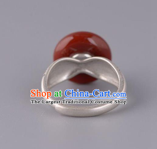 Chinese National Agate Peace Buckle Ring Handmade Jewelry Accessories Classical Silver Carving Circlet