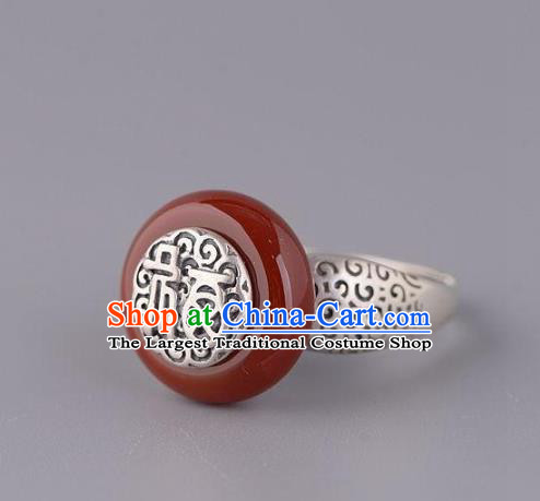 Chinese National Agate Peace Buckle Ring Handmade Jewelry Accessories Classical Silver Carving Circlet