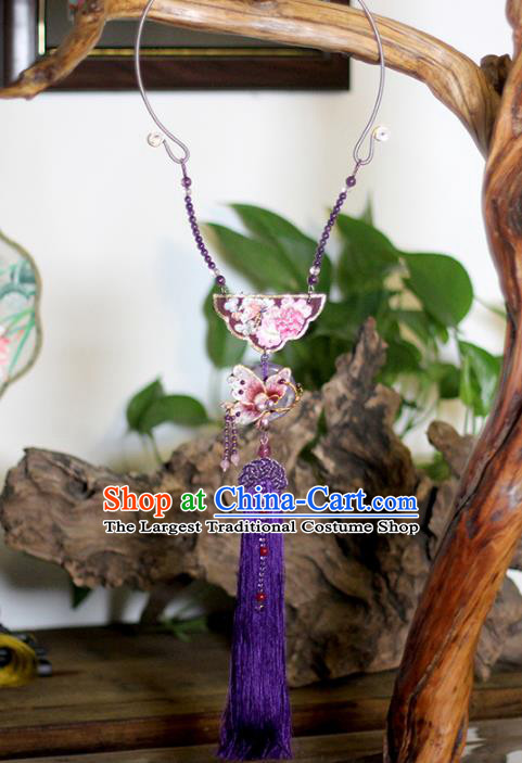 Chinese Classical Embroidered Butterfly Necklet Pendant Handmade Accessories National Purple Tassel Necklace