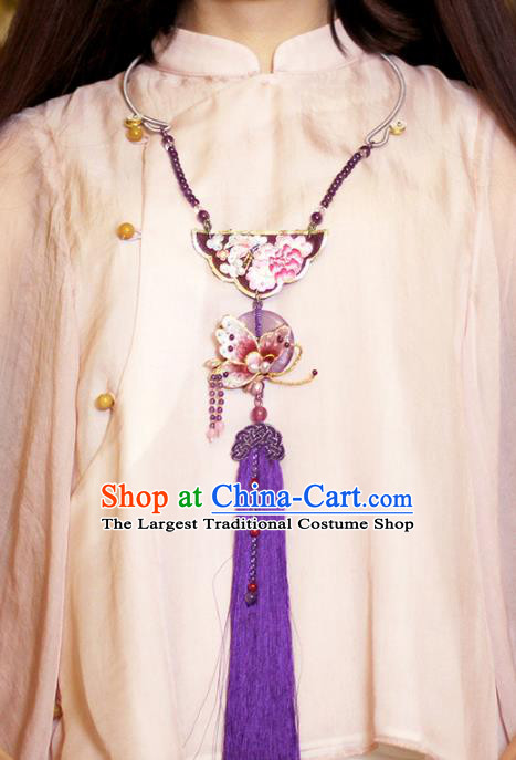 Chinese Classical Embroidered Butterfly Necklet Pendant Handmade Accessories National Purple Tassel Necklace