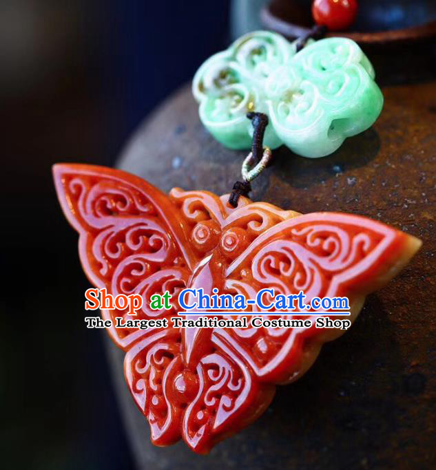 Chinese Classical Red Jade Butterfly Necklet Pendant Handmade National Embroidered Peony Necklace Accessories