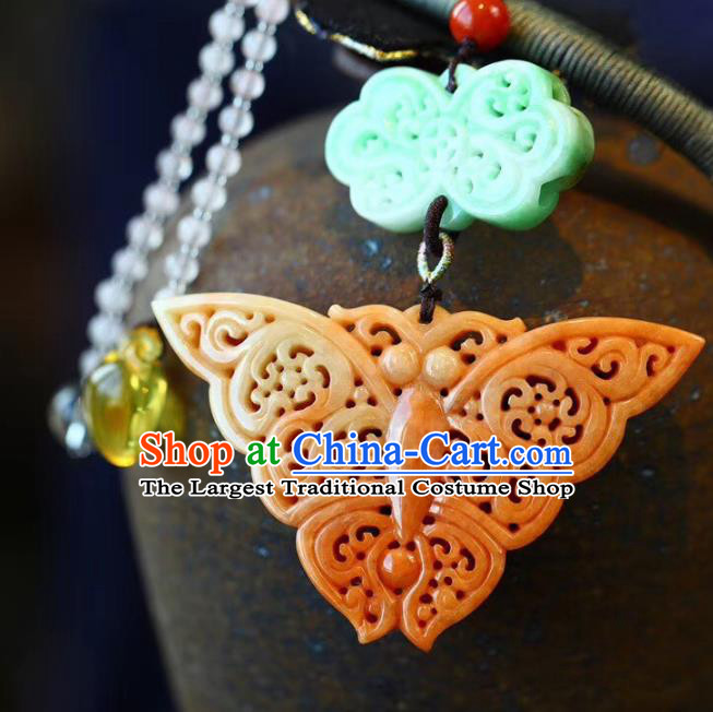 Chinese Classical Red Jade Butterfly Necklet Pendant Handmade National Embroidered Peony Necklace Accessories