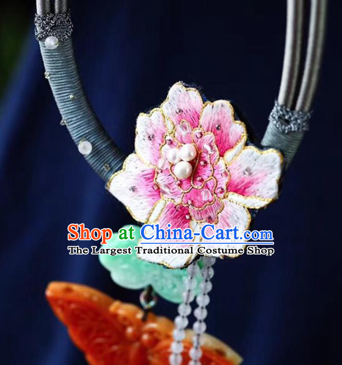 Chinese Classical Red Jade Butterfly Necklet Pendant Handmade National Embroidered Peony Necklace Accessories