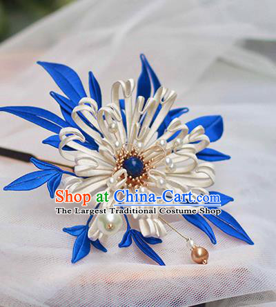 Chinese Traditional White Silk Chrysanthemum Hair Stick Hanfu Hair Accessories Handmade Classical Pearls Hairpin