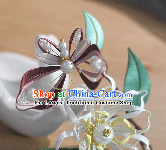 Chinese Traditional Silk Butterfly Flower Hairpin Handmade Hair Accessories Classical Pearls Hair Stick