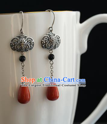 Handmade Chinese Silver Bat Eardrop Classical Cheongsam Earrings Accessories Traditional Agate Ear Jewelry