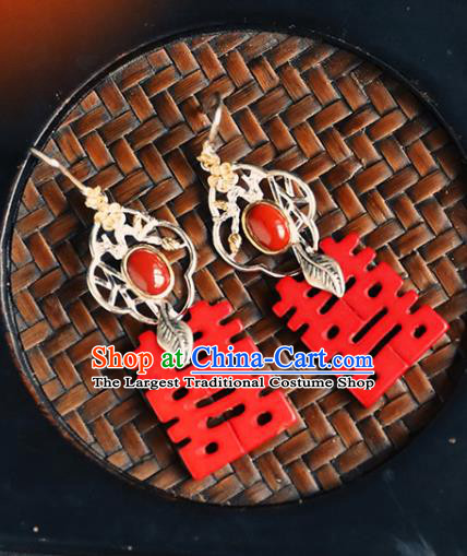 Handmade Chinese Classical Cheongsam Red Earrings Accessories Silver Eardrop Traditional Wedding Ear Jewelry