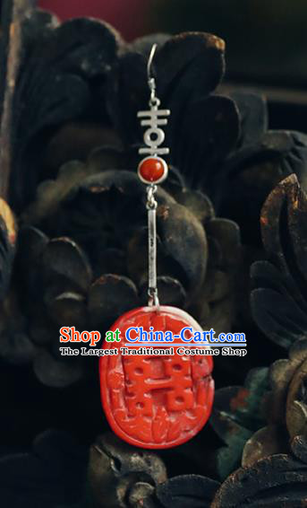 Handmade Chinese Traditional Wedding Red Eardrop Classical Cheongsam Earrings Accessories Silver Ear Jewelry
