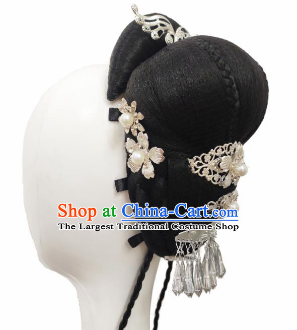 Traditional China Folk Dance Headwear Handmade Stage Show Hair Accessories Classical Dance Wig Chignon