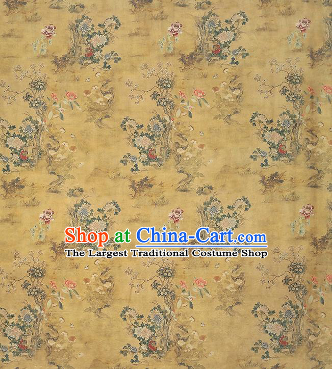 Chinese Classical Chrysanthemum Pattern Yellow Silk Drapery Traditional Qipao Dress Brocade Satin Fabric