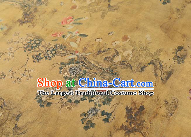 Chinese Classical Chrysanthemum Pattern Yellow Silk Drapery Traditional Qipao Dress Brocade Satin Fabric