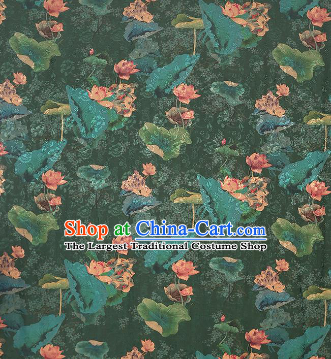 Chinese Classical Lotus Pattern Silk Drapery Qipao Dress Deep Green Satin Traditional Brocade Fabric
