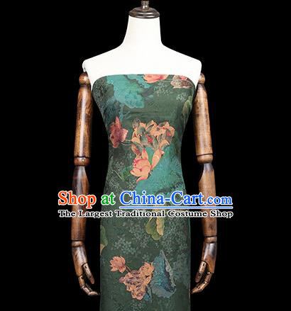 Chinese Classical Lotus Pattern Silk Drapery Qipao Dress Deep Green Satin Traditional Brocade Fabric