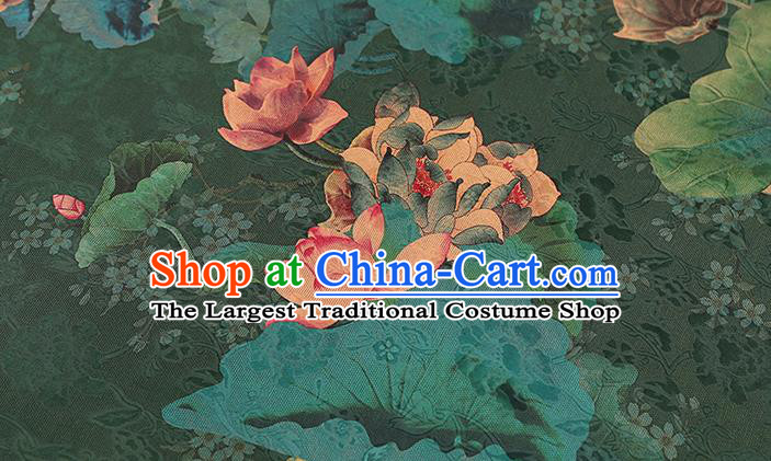 Chinese Classical Lotus Pattern Silk Drapery Qipao Dress Deep Green Satin Traditional Brocade Fabric