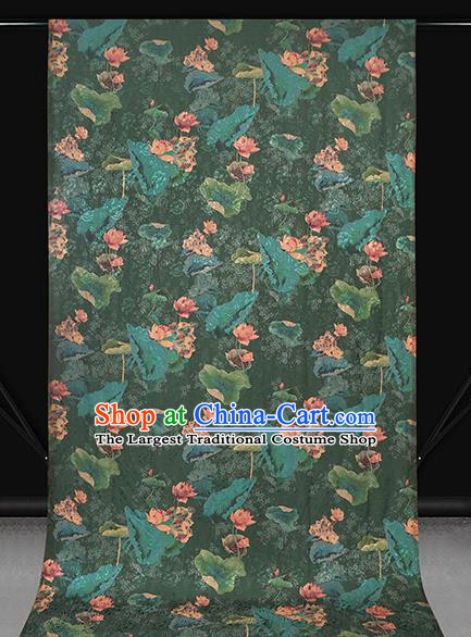 Chinese Classical Lotus Pattern Silk Drapery Qipao Dress Deep Green Satin Traditional Brocade Fabric