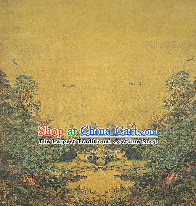 Chinese Satin Fabric Classical Landscape Pattern Yellow Silk Drapery Traditional Qipao Dress Brocade