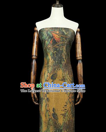 Chinese Satin Fabric Classical Landscape Pattern Yellow Silk Drapery Traditional Qipao Dress Brocade