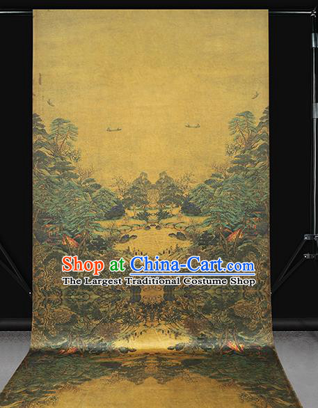 Chinese Satin Fabric Classical Landscape Pattern Yellow Silk Drapery Traditional Qipao Dress Brocade