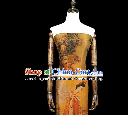 Chinese Classical Palace Beauty Pattern Silk Drapery Traditional Yellow Gambiered Guangdong Gauze Qipao Dress Fabric