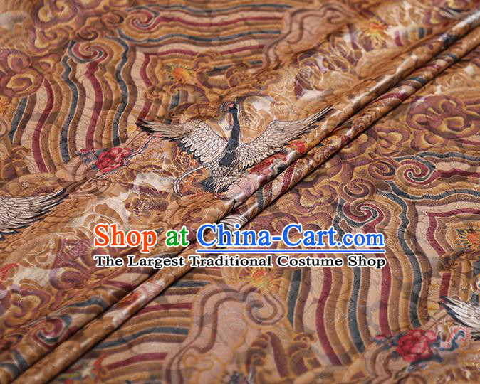 Chinese Classical Wave Cranes Pattern Silk Fabric Traditional Cheongsam Ginger Brocade Material Tapestry