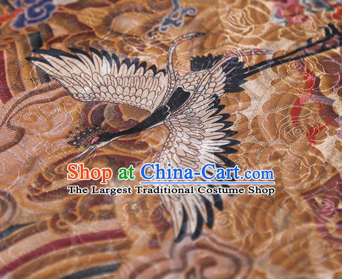 Chinese Classical Wave Cranes Pattern Silk Fabric Traditional Cheongsam Ginger Brocade Material Tapestry