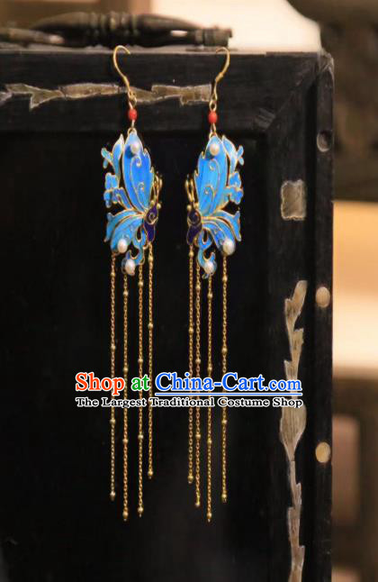 Chinese Handmade Traditional Golden Tassel Earrings Jewelry Ancient Qing Dynasty Court Cloisonne Butterfly Ear Accessories
