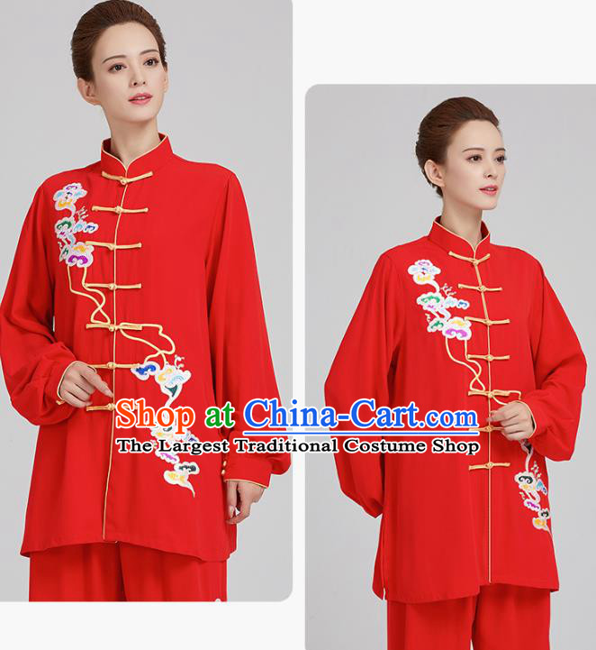China Traditional Kung Fu Competition Costumes Tai Chi Training Embroidered Clouds Red Uniforms