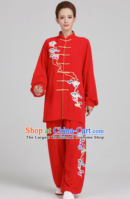 China Traditional Kung Fu Competition Costumes Tai Chi Training Embroidered Clouds Red Uniforms