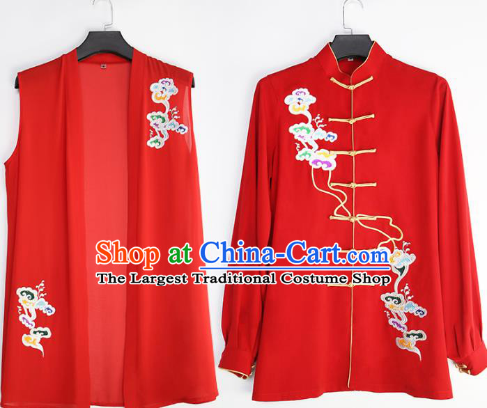 China Traditional Kung Fu Competition Costumes Tai Chi Training Embroidered Clouds Red Uniforms