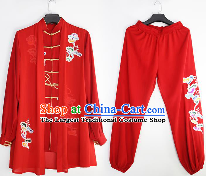 China Traditional Kung Fu Competition Costumes Tai Chi Training Embroidered Clouds Red Uniforms