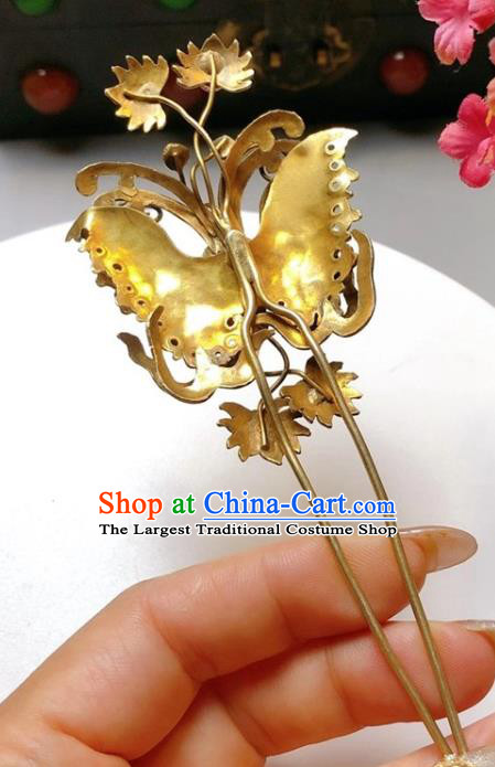 China Classical Ruby Hairpin Traditional Hair Accessories Handmade Qing Dynasty Golden Butterfly Hair Stick