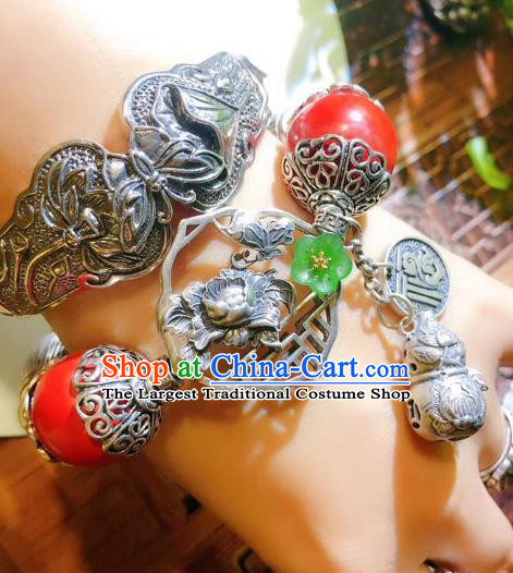 China Traditional Silver Bracelet Handmade National Cinnabar Bangle Accessories