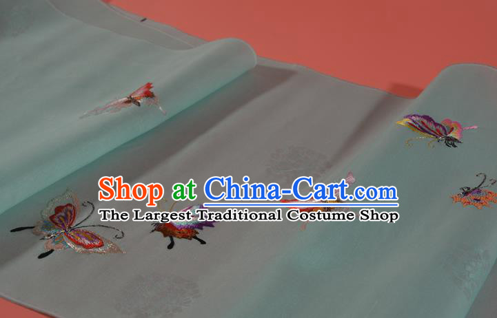 Chinese Classical Butterfly Pattern Silk Material Traditional Hanfu Dress Embroidered Light Blue Silk Fabric