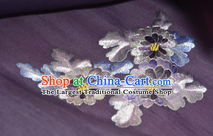 Chinese Traditional Hanfu Deep Purple Silk Fabric Classical Embroidered Chrysanthemum Silk Material