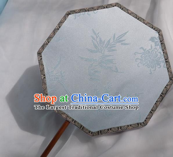 China Classical Plum Orchids Bamboo Chrysanthemum Pattern Palace Fan Traditional Hanfu Fan Handmade Blue Silk Octagon Fan