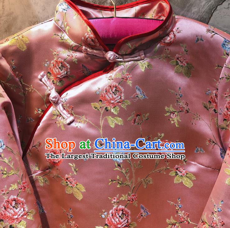 China Woman Classical Rose Pattern Pink Brocade Cotton Padded Jacket Traditional Tang Suit Overcoat