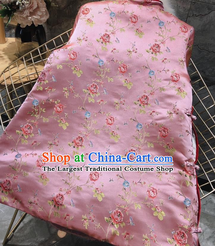 China Woman Classical Rose Pattern Pink Brocade Cotton Padded Jacket Traditional Tang Suit Overcoat