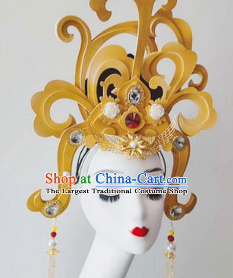China Classical Dance Hair Crown Traditional Stage Performance Hair Accessories Handmade Goddess Wigs Chignon