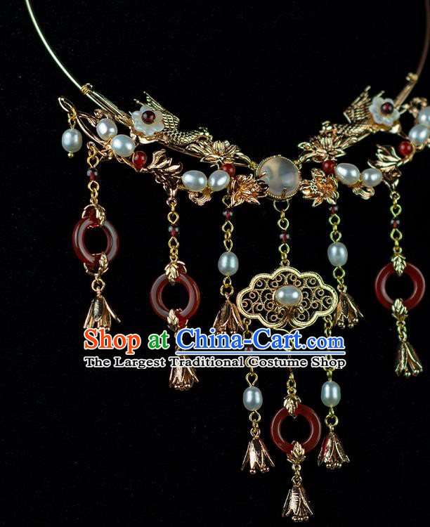 China Classical Wedding Necklace Accessories Traditional Ming Dynasty Princess Red Agate Tassel Necklet