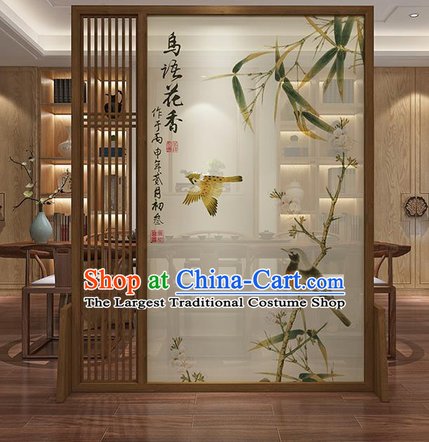 Chinese Handmade Printing Bamboo Bird Floor Screen Walnut Moving Screen