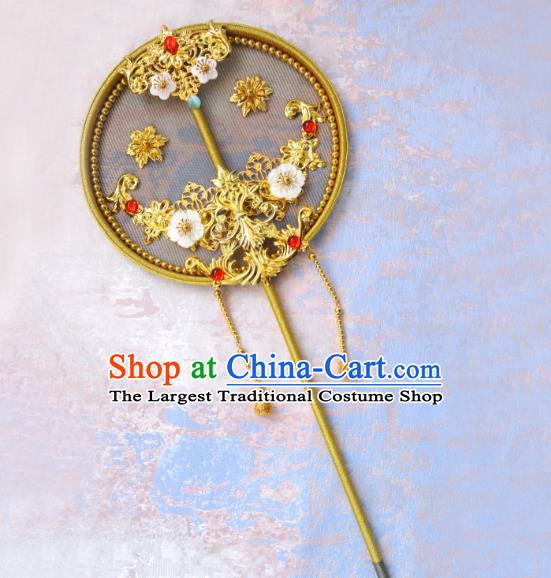 China Traditional Wedding Golden Circular Fan Handmade Palace Fan Classical Hanfu Fan