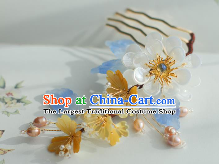 Chinese Handmade Classical White Flower Hair Comb Ancient Ming Dynasty Princess Shell Pearls Hairpin
