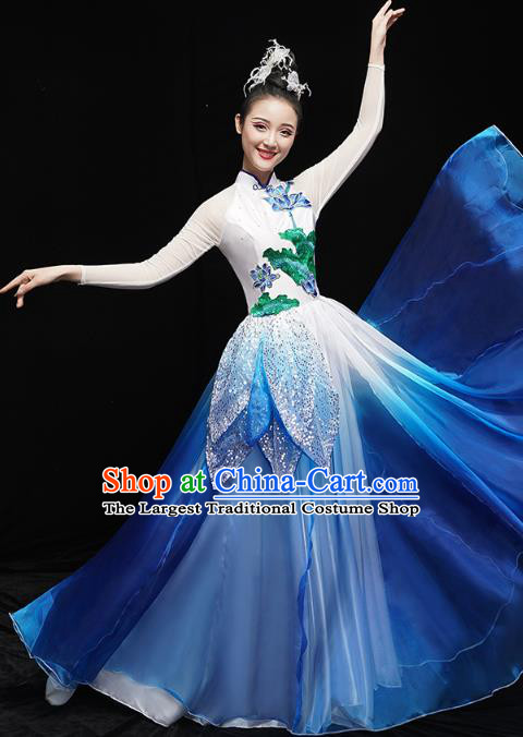 China Lotus Dance Clothing Chorus Group Performance Blue Dress Spring Festival Gala Opening Dance Costume