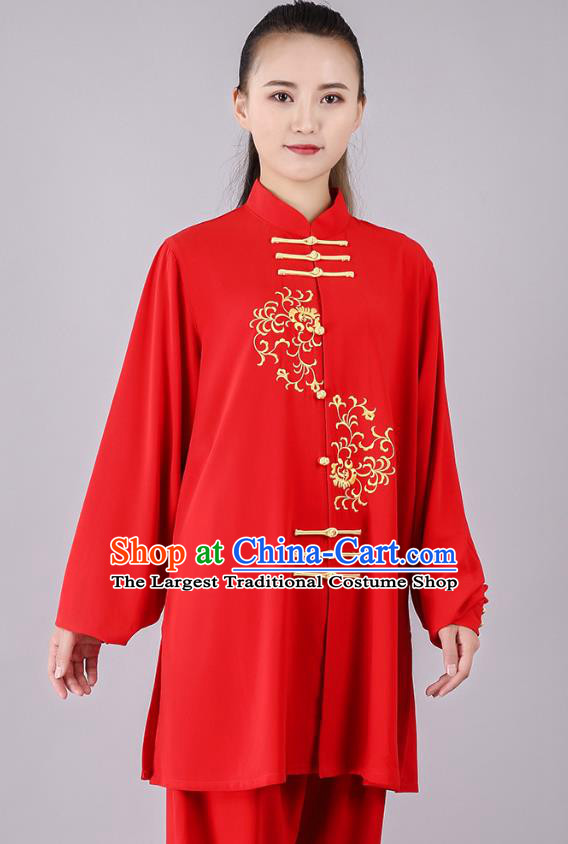 China Traditional Kung Fu Red Uniforms Tai Chi Competition Performance Costumes