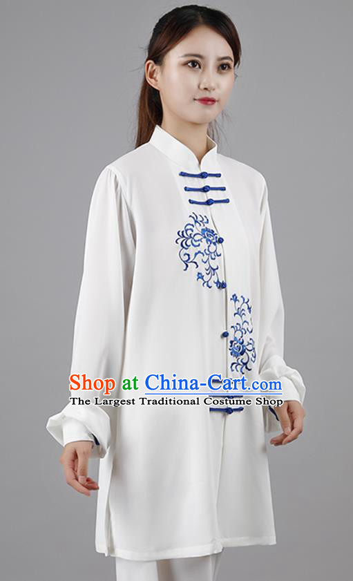 China Traditional Kung Fu Embroidered White Flax Uniforms Tai Chi Competition Costumes