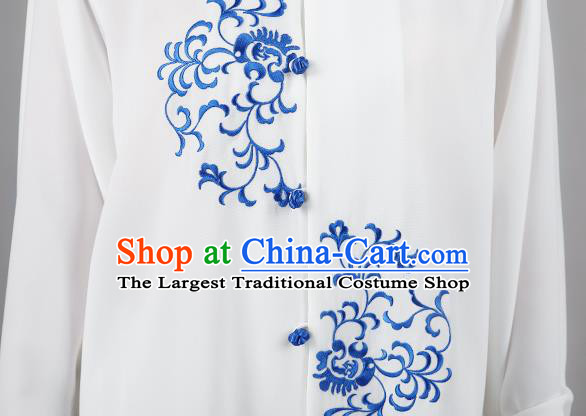 China Traditional Kung Fu Embroidered White Flax Uniforms Tai Chi Competition Costumes