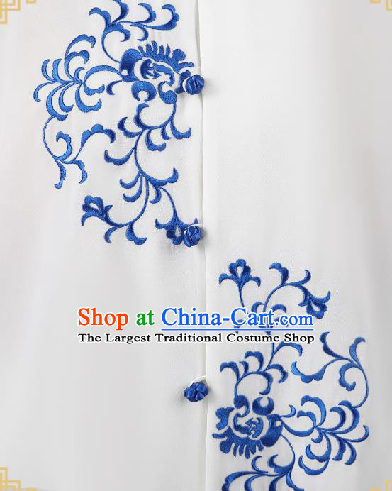 China Traditional Kung Fu Embroidered White Flax Uniforms Tai Chi Competition Costumes