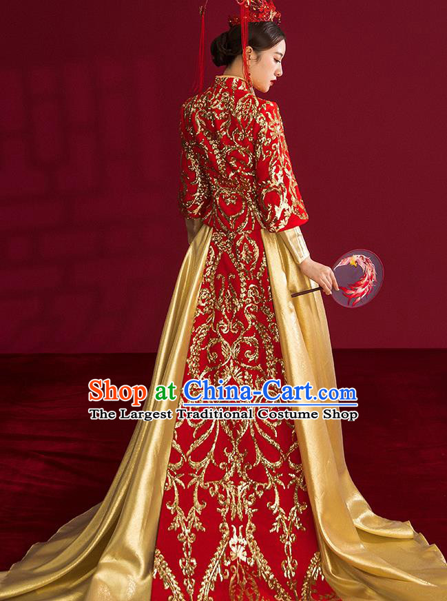 China Traditional Wedding Costumes Ancient Bride Embroidered Red Xiuhe Suits